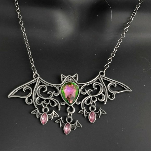 Pink & Green Antiqued Mama Bat Necklace - Picture 6 of 7